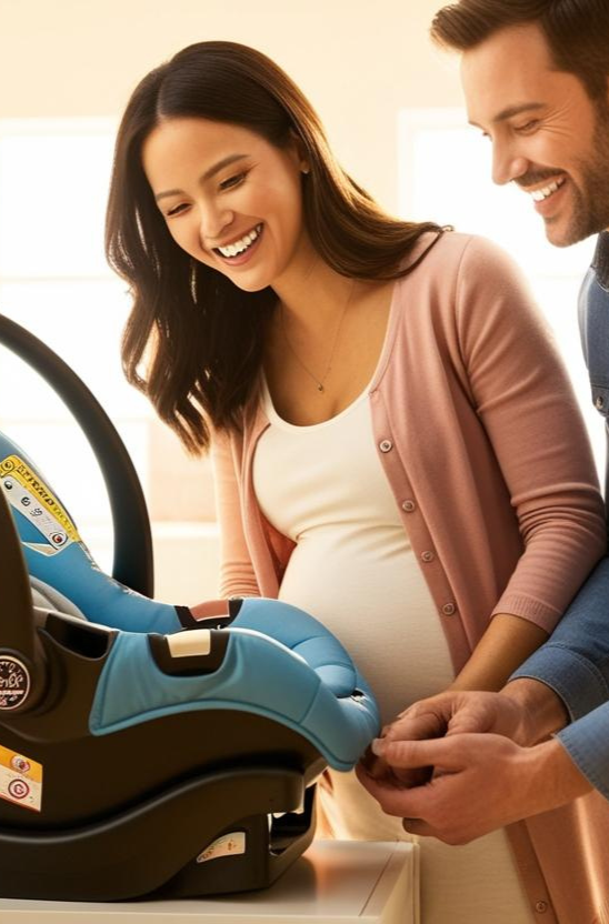 Happy couple shopping for a car seat.