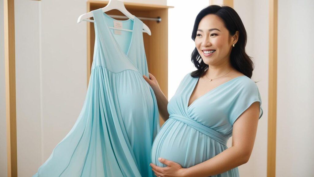 Smiling pregnant woman in a aqua blue maternity dress shopping for stylish pregnancy clothing in a brightly lit boutique.