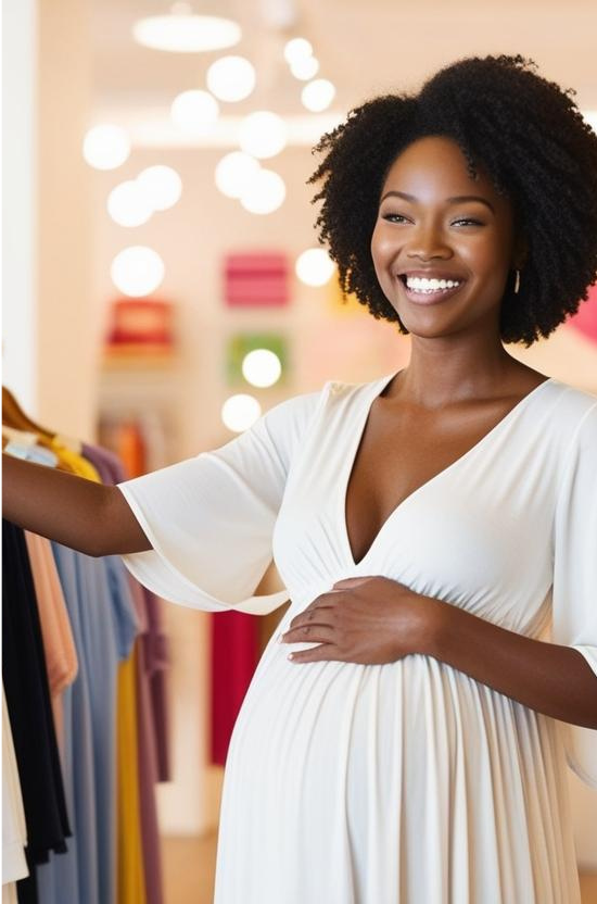 Smiling pregnant woman in a white maternity dress shopping for stylish pregnancy clothing in a brightly lit boutique.