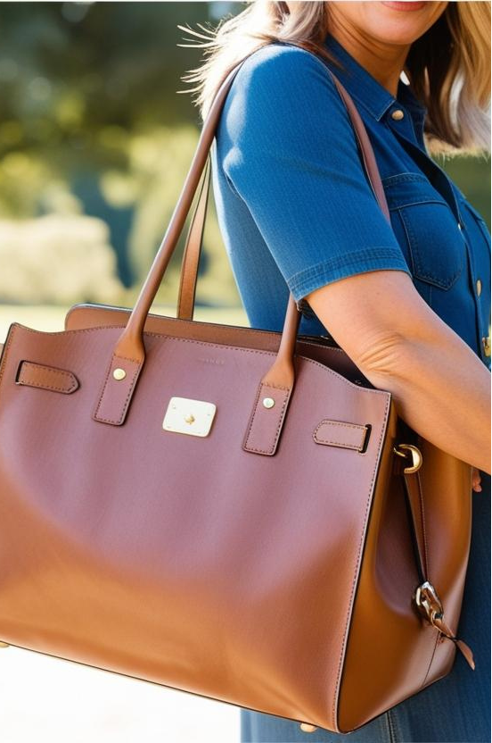 Stylish woman with diaper bag.